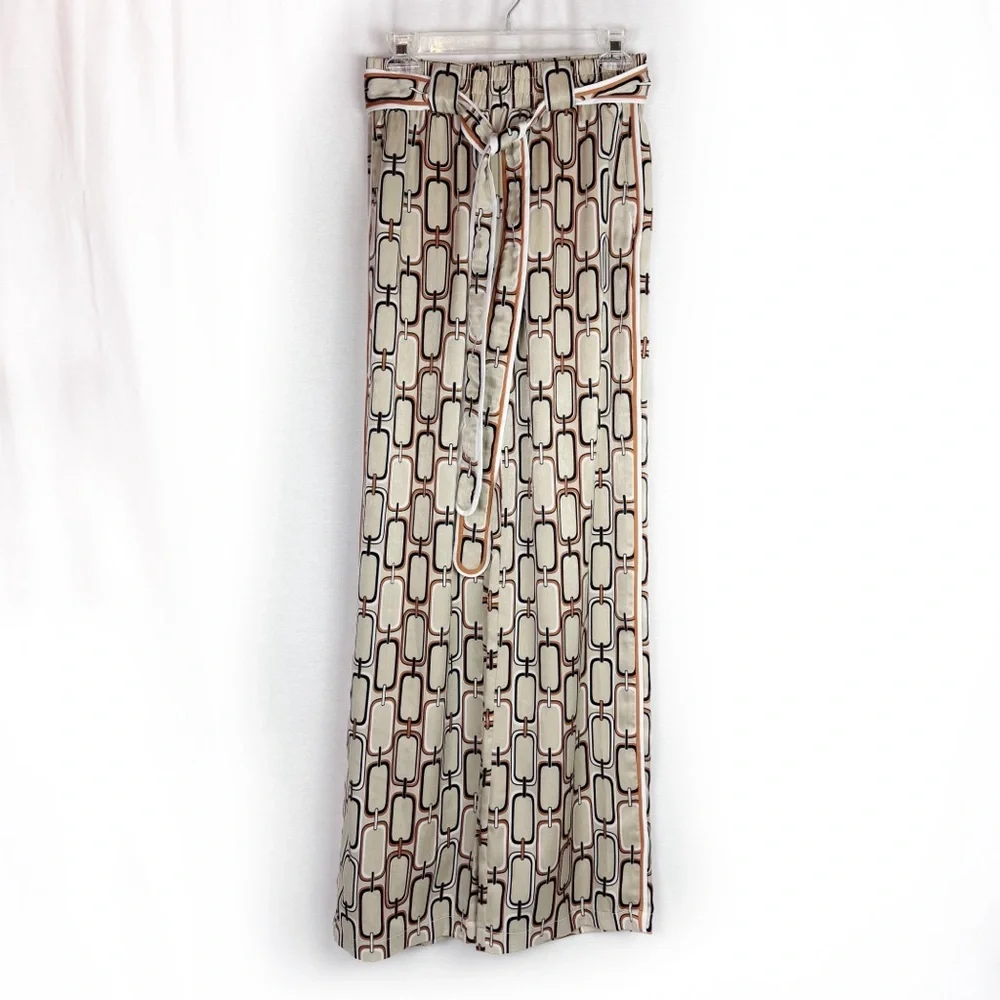 ALEXIS Tan Chain Link Print Lionel Belted Satin Pants with Tie Size Small - Picture 2 of 8